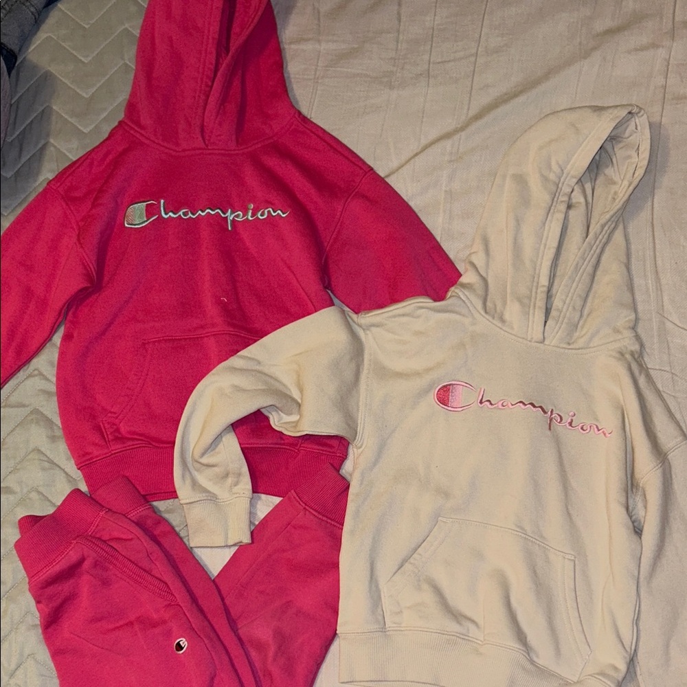 Bundle Champion Kids' Red and Cream Hooded Sweatshirts with hot pink pants